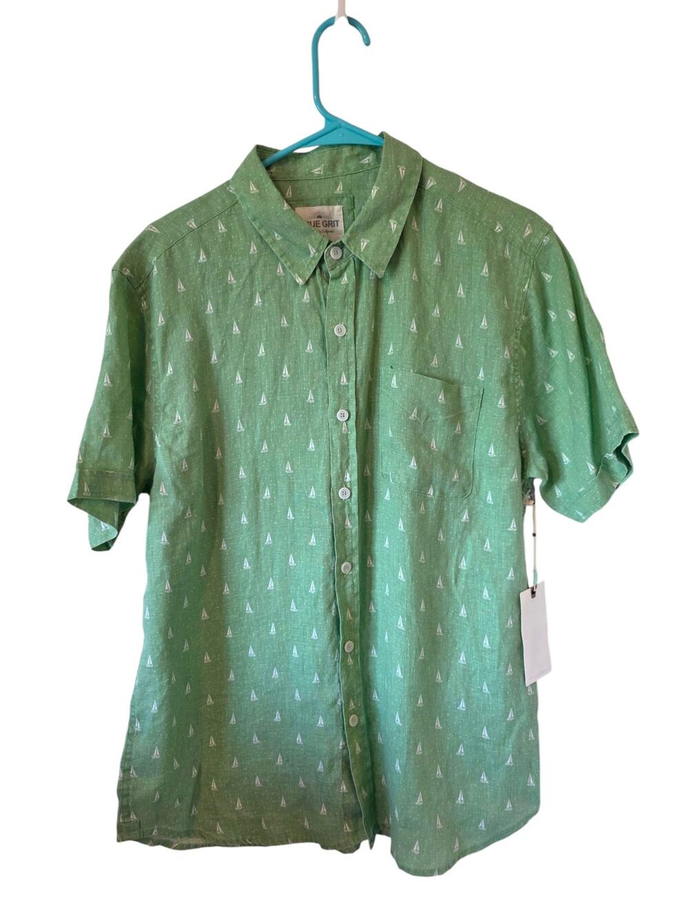 True Grit Mens Linen Sailboat Short Sleeve Button Front Shirt Medium Green NEW